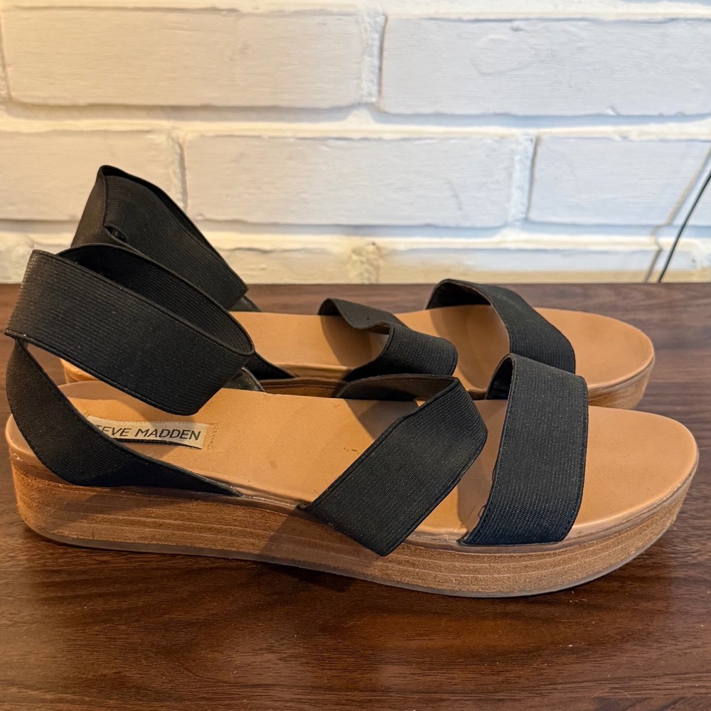 Steve Madden Womens Black Elastic Multi Strap Platform Wedge Sandals Size‎ 10